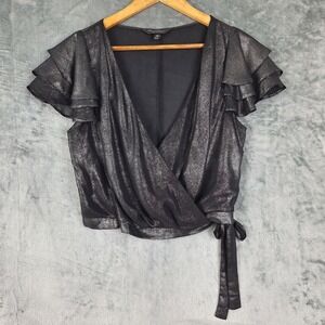 Womens Top 8 Black Metallic Wrap Fairy Grunge Crop Party Cyber Y2K Indie Sleaze